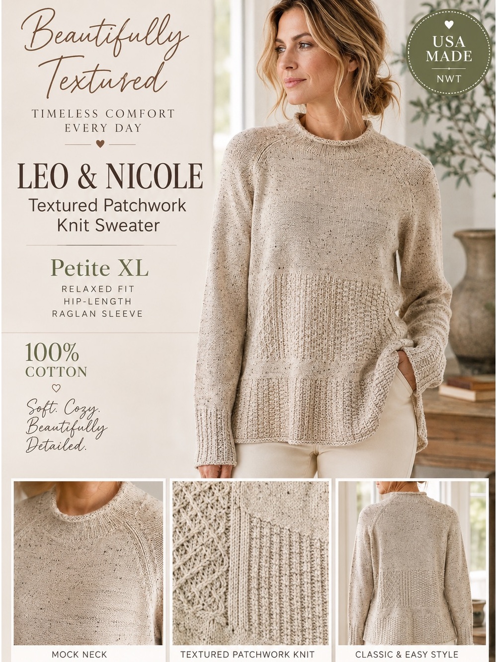NWT $64 Leo & Nicole Textured Patchwork Knit Sweater – Antique White – PXL –